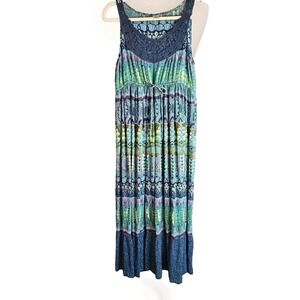 Boho Flowy Midi Dress Boho Crochet Summer Sz M Relaxed Fit Drawstring Waist #29W